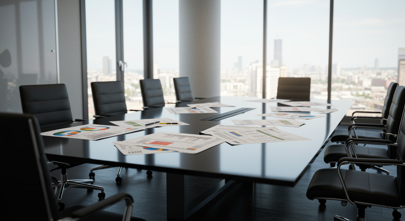 modern office conference room with large glass table, competitor analysis reports and charts displayed, sunlight through windows, professional sales consulting setting