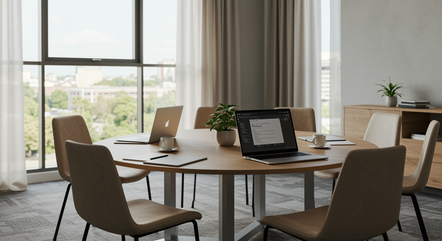 modern meeting space with polished table and open laptops ready for client engagement, representing customer-focused sales consulting environment