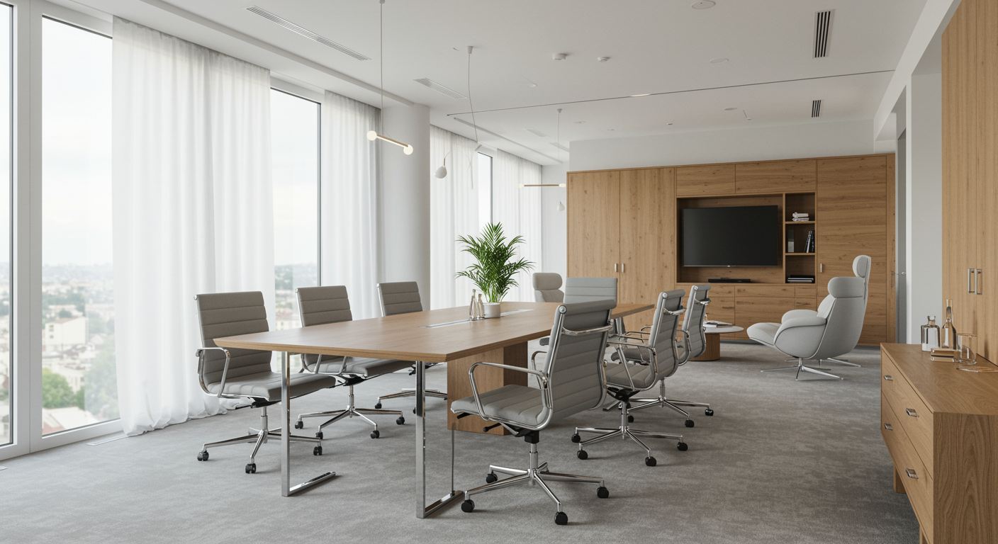 Modern executive office with a stylish conference table and contemporary chairs, illustrating a professional sales consulting environment