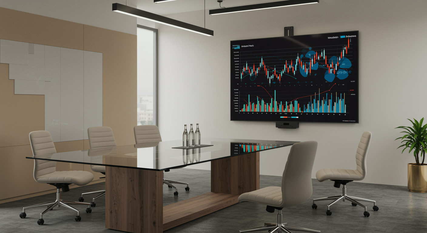 Contemporary meeting room with a digital market analysis dashboard in a professional sales consulting office