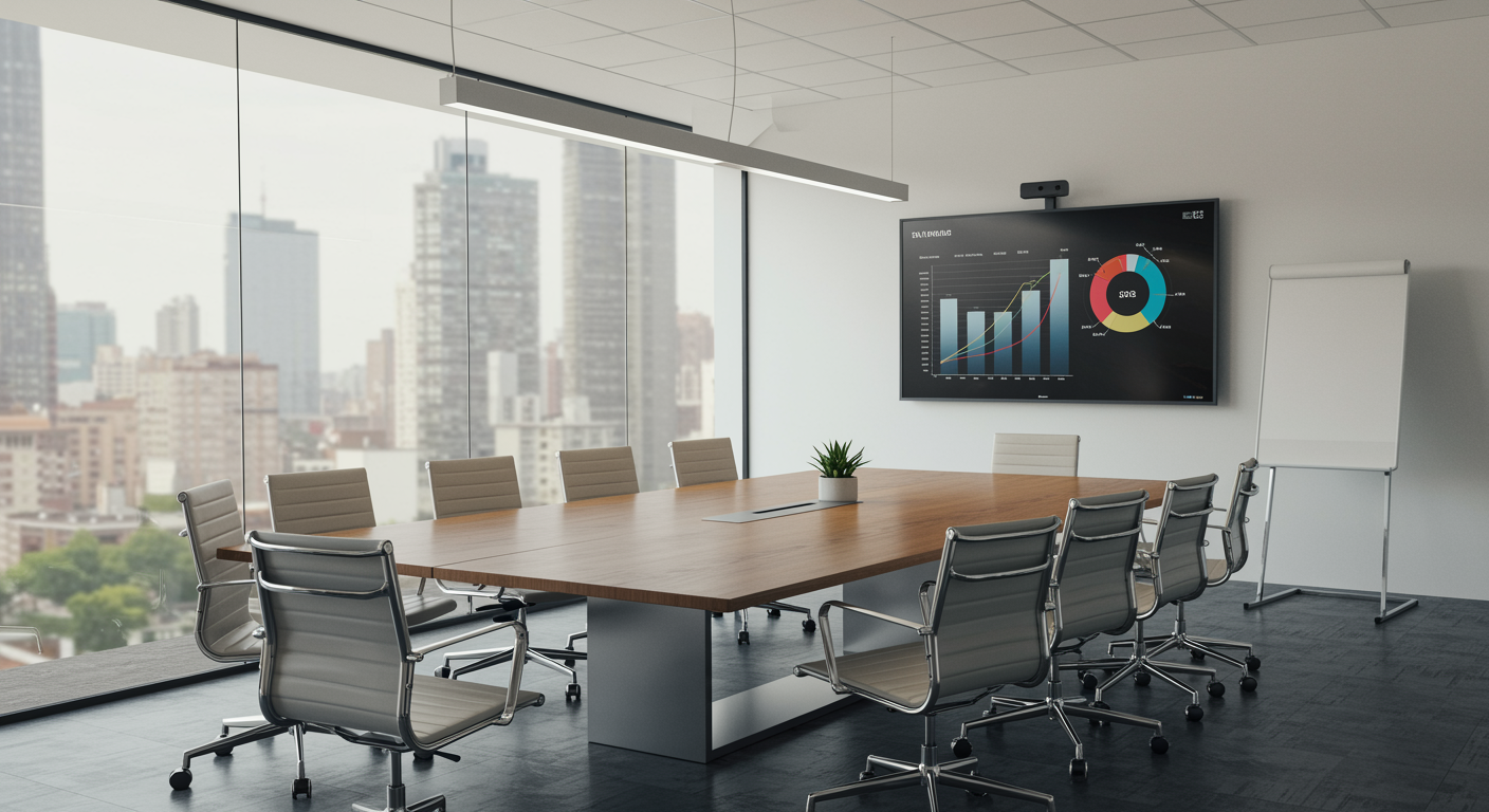 Elegant conference room with digital sales performance dashboard, designed for sales consulting and performance management