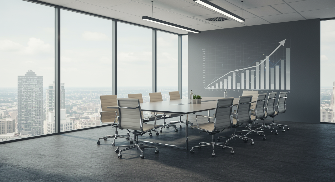Contemporary executive conference room with sales growth chart on display, representing revenue growth for sales consulting service