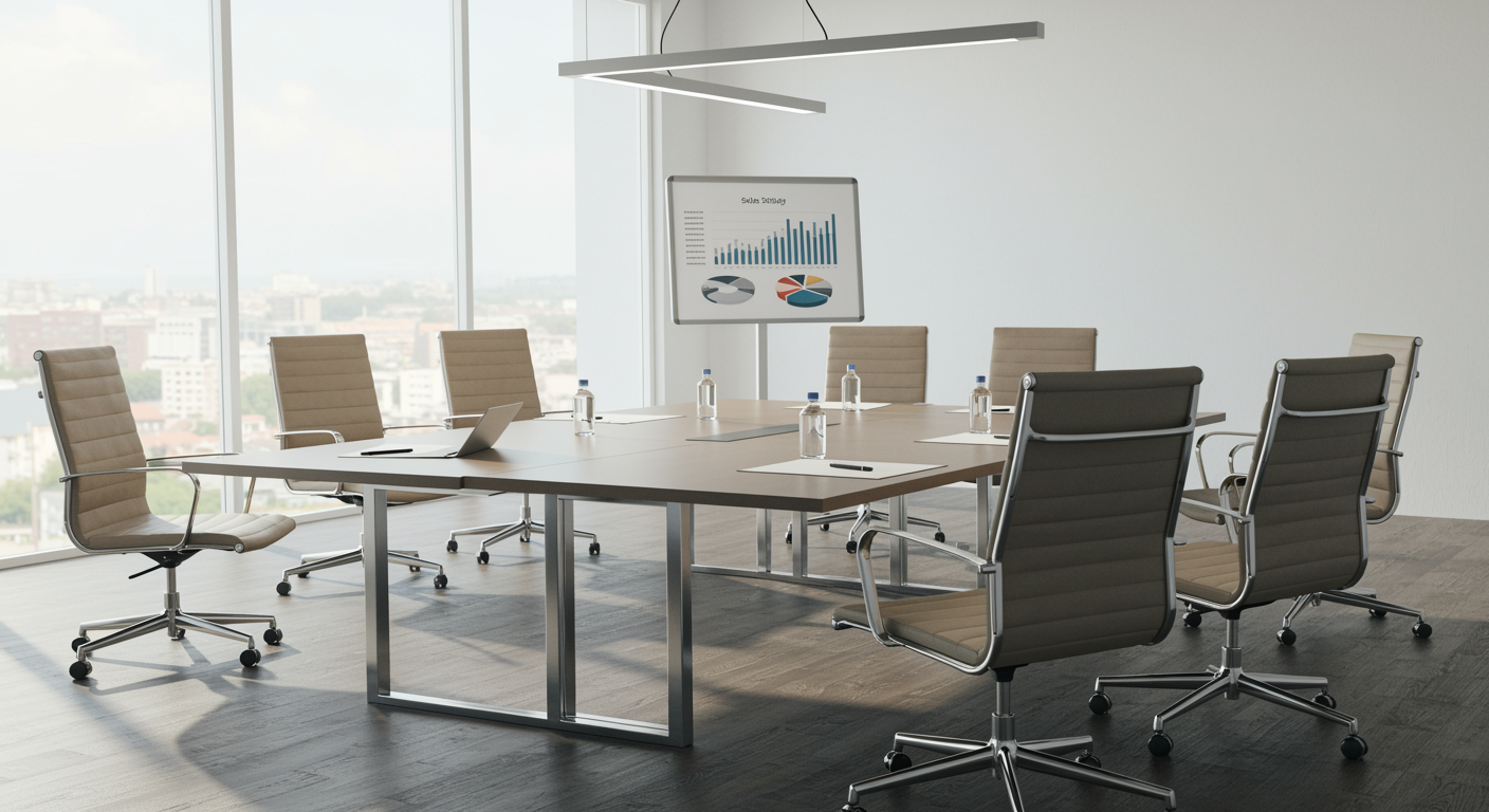 Modern sales consulting conference room setup with strategy documents, charts, and bright natural lighting