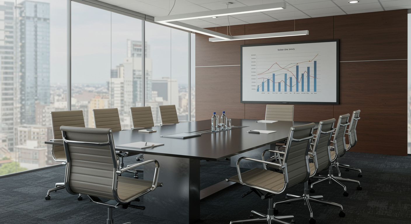 Modern conference room with glass table and presentation screen showing sales charts, representing professional sales strategy consulting