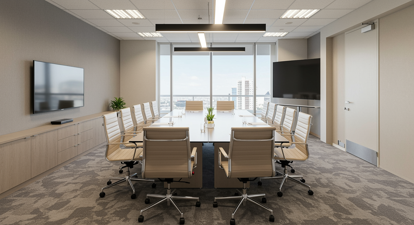 Contemporary conference room setup for sales training with glass table and executive chairs in a bright, modern office