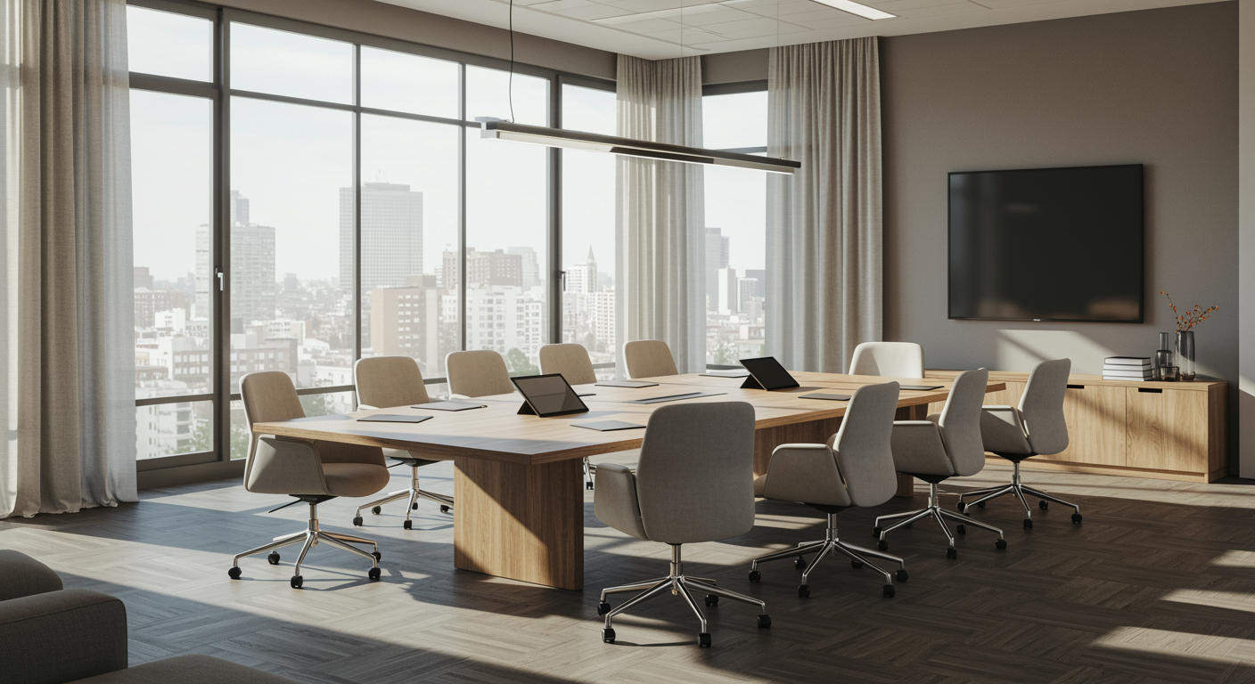 Pristine modern conference room set up for sales team development with sunlight and organized workspace, no people